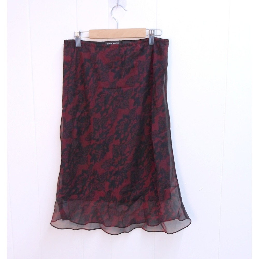 New York & Company Red Black Pattern‎ Midi Skirt Women's S / #1019